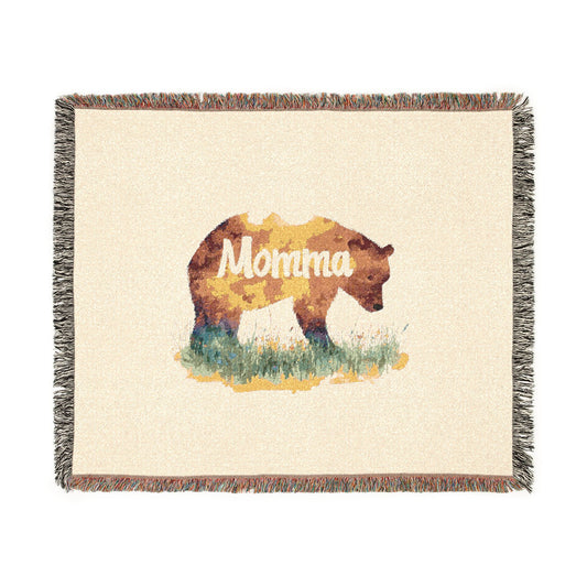 Momma Bear Woven Blanket — Rustic Bear Mom Throw for Cabin, Mother's Day & Nature Lovers