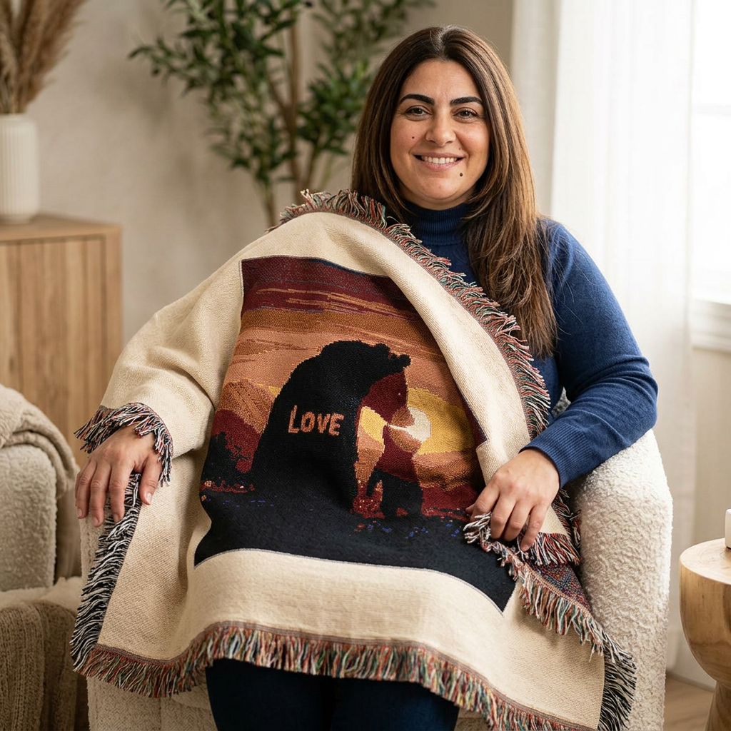Bear with Cub Woven Blanket — Cozy Wildlife Throw