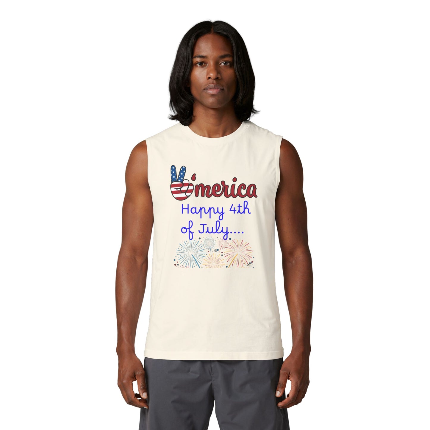 'Merica Peace Sign Muscle Tank - "Happy 4th of July" Patriotic Fireworks Tank Top