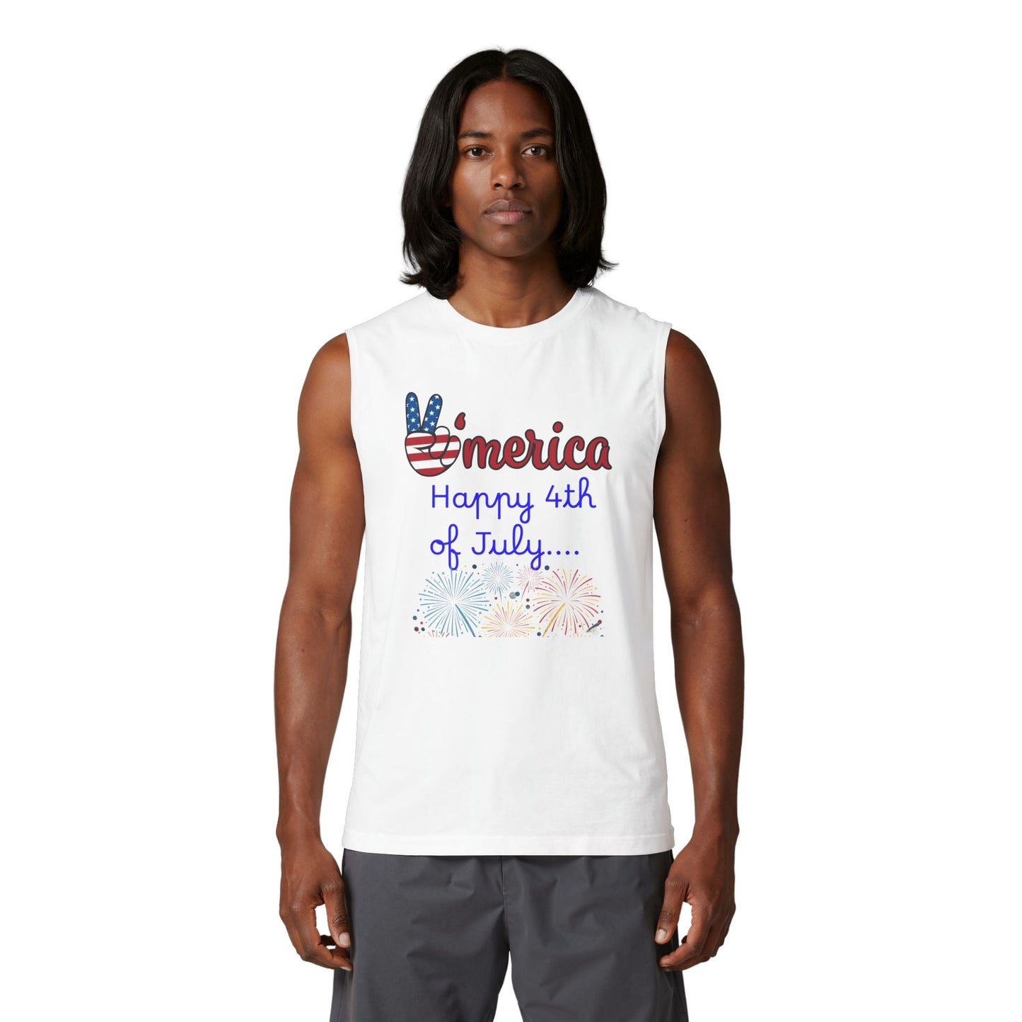 'Merica Peace Sign Muscle Tank - "Happy 4th of July" Patriotic Fireworks Tank Top