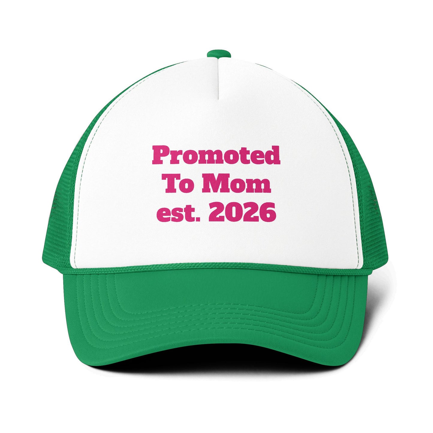 Trucker Cap — "Promoted To Mom est. 2026" Embroidered Mesh-Back